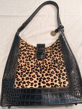 Brahmin Leopard Haircalf & Croc Embossed Leather Hobo Bag Black Animal Print